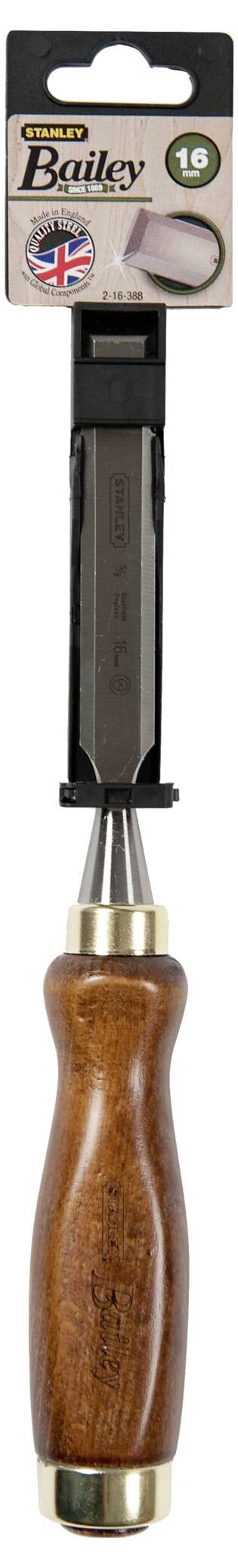 Dłuto drewniane z drewnianą rękojeścią i metalowym ostrzem w czarnym uchwycie. Opakowanie prezentuje markę i brytyjską flagę.