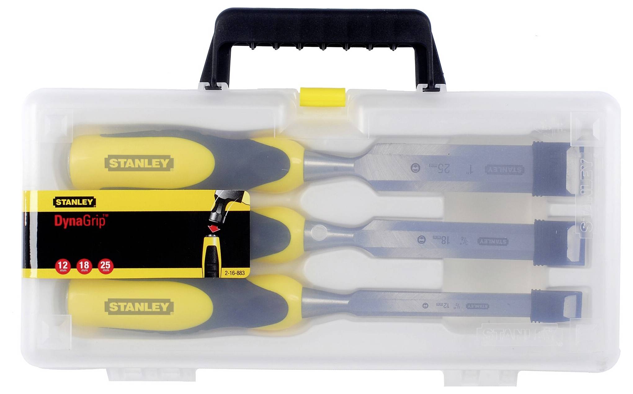 Trzy żółto-czarne dłuta drewniane w przezroczystym pudełku z tworzywa sztucznego, na którym widnieje napis 'STANLEY DynaGrip'.