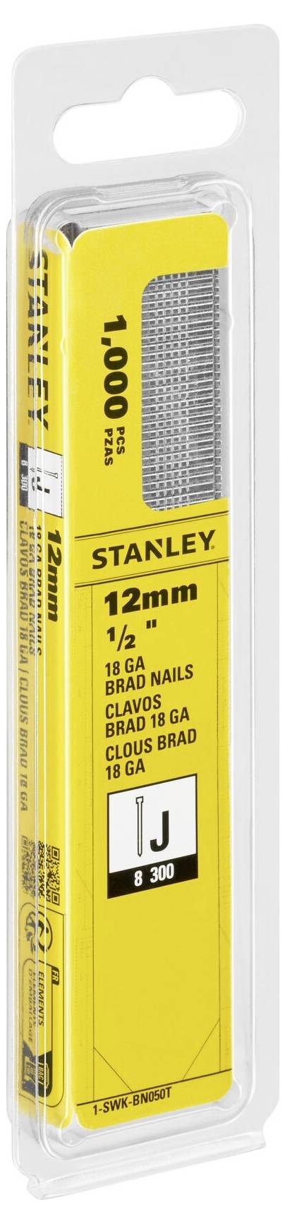 Opakowanie gwoździ Stanley 12mm, nadrukowane na żółto, zawiera 1000 sztuk. Odpowiednie do zszywacza, 18 GA, do prac precyzyjnych.