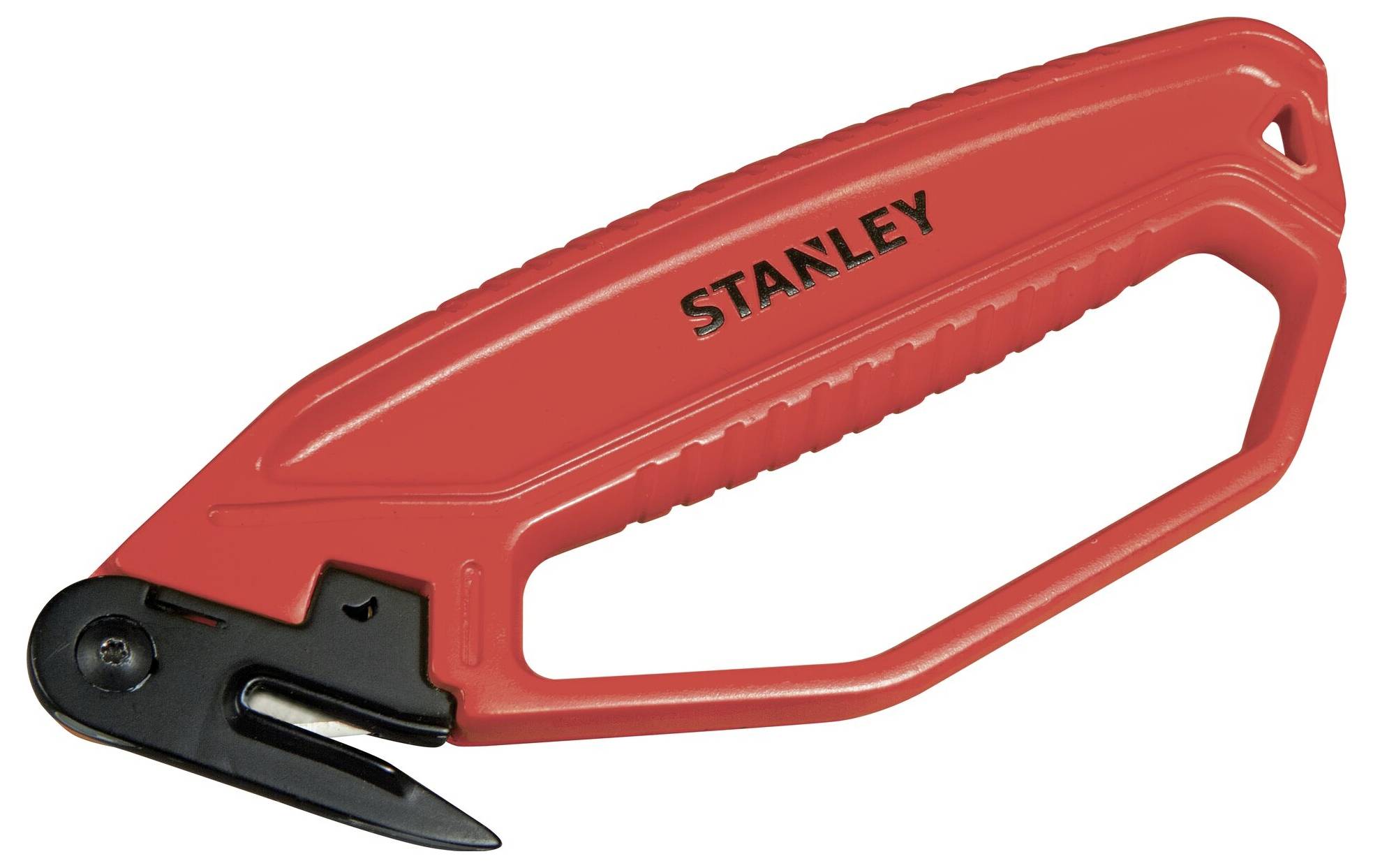 Czerwony nóż bezpieczeństwa Stanley z nieprzesuwanym ostrzem i uchwytem, odpowiedni do cięcia kartonów lub opakowań.