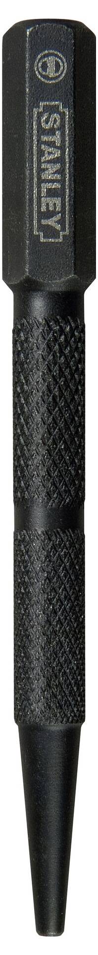 Czarne metalowe ziarno z karbowanym uchwytem; napis 'STANLEY'. Narzędzie do precyzyjnego oznaczania podczas wiercenia.