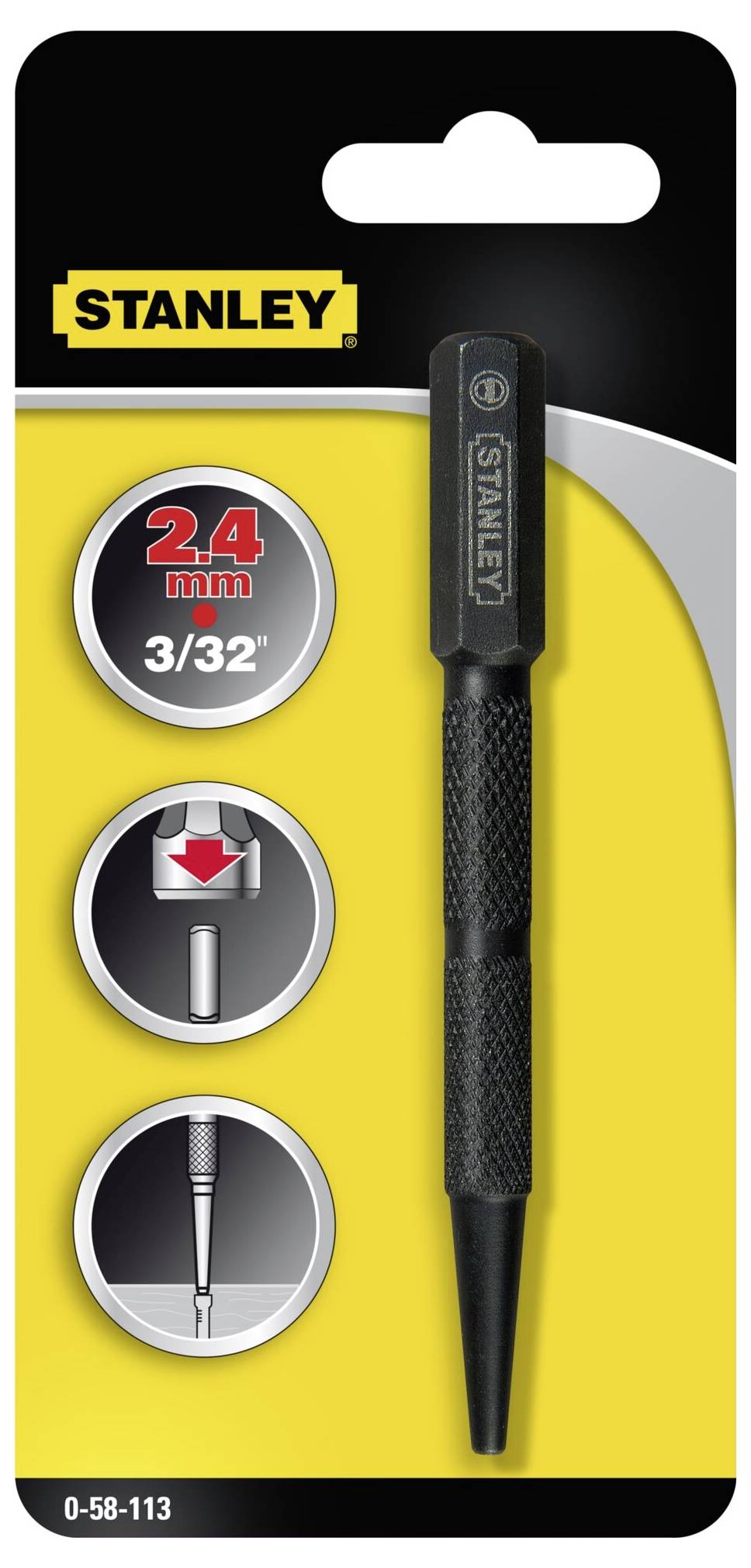 Rysunek 'Stanley' Körnerstift na żółtym opakowaniu. Okrąg wskazuje '24mm, 3/32"'. Ilustracje wyjaśniają zastosowanie narzędzia.