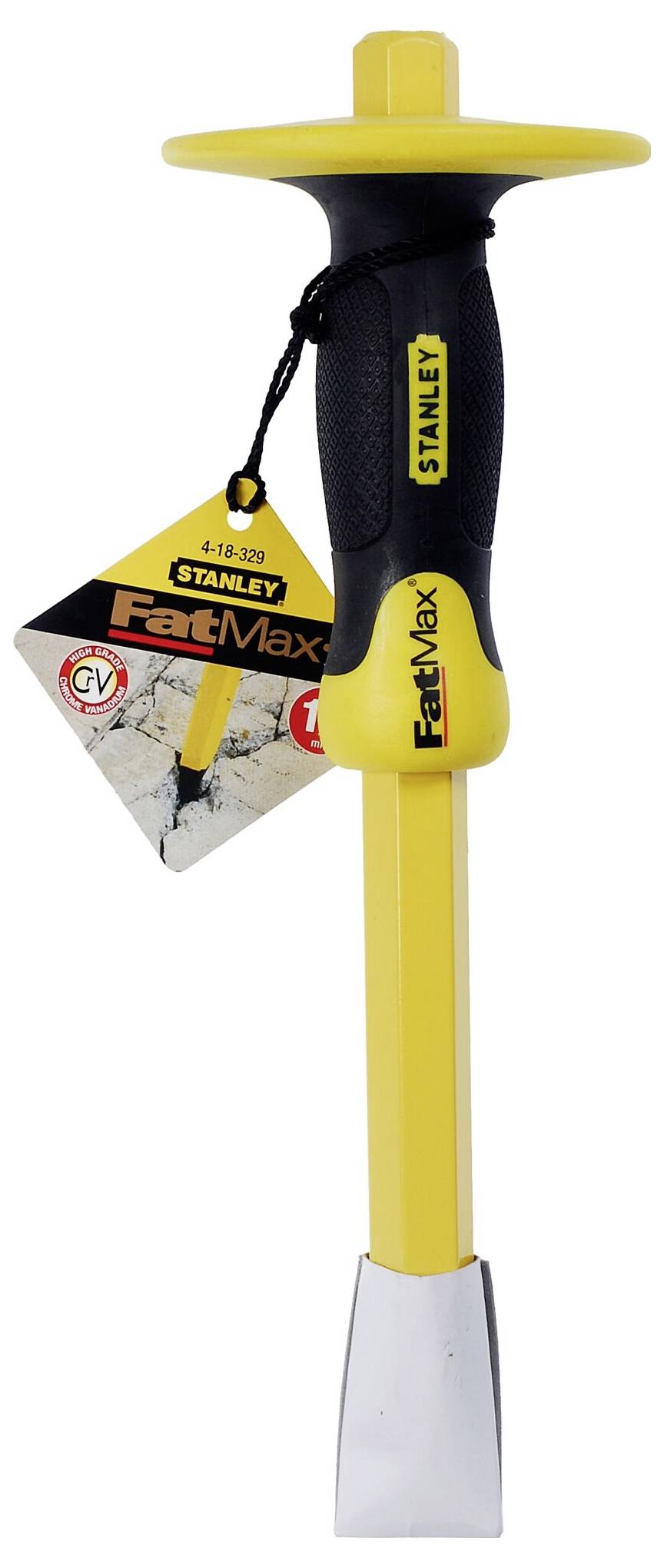 Dłuto z czarnym uchwytem i żółtą osłoną, z marką 'Stanley FatMax', na białym tle. Etykieta jest przymocowana do uchwytu.