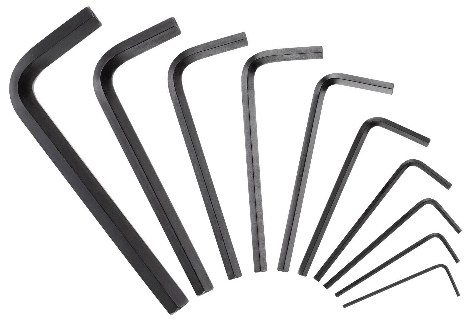 Zestaw kluczy imbusowych (sześciokątnych) w różnych rozmiarach, ułożonych od lewej strony od największego do najmniejszego, na białym tle.