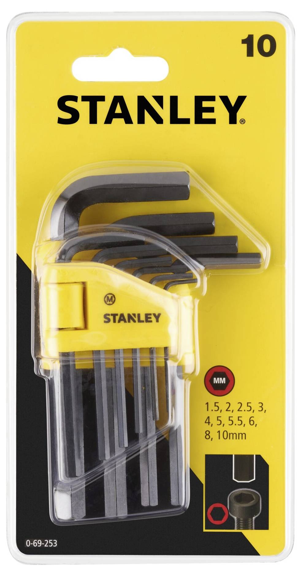Zestaw dziesięciu kluczy imbusowych o różnych rozmiarach (od 1,5 do 10 mm), zapakowanych w plastikowe pudełko. Marka: Stanley.