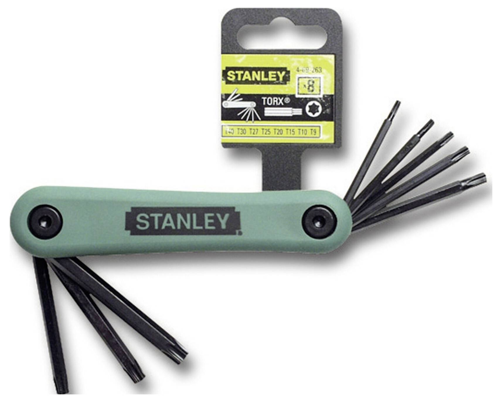 Wielofunkcyjne narzędzie z wieloma kluczami Torx różnych rozmiarów, z uchwytem w kolorze zielono-czarnym, z widoczną nazwą marki 'Stanley'.