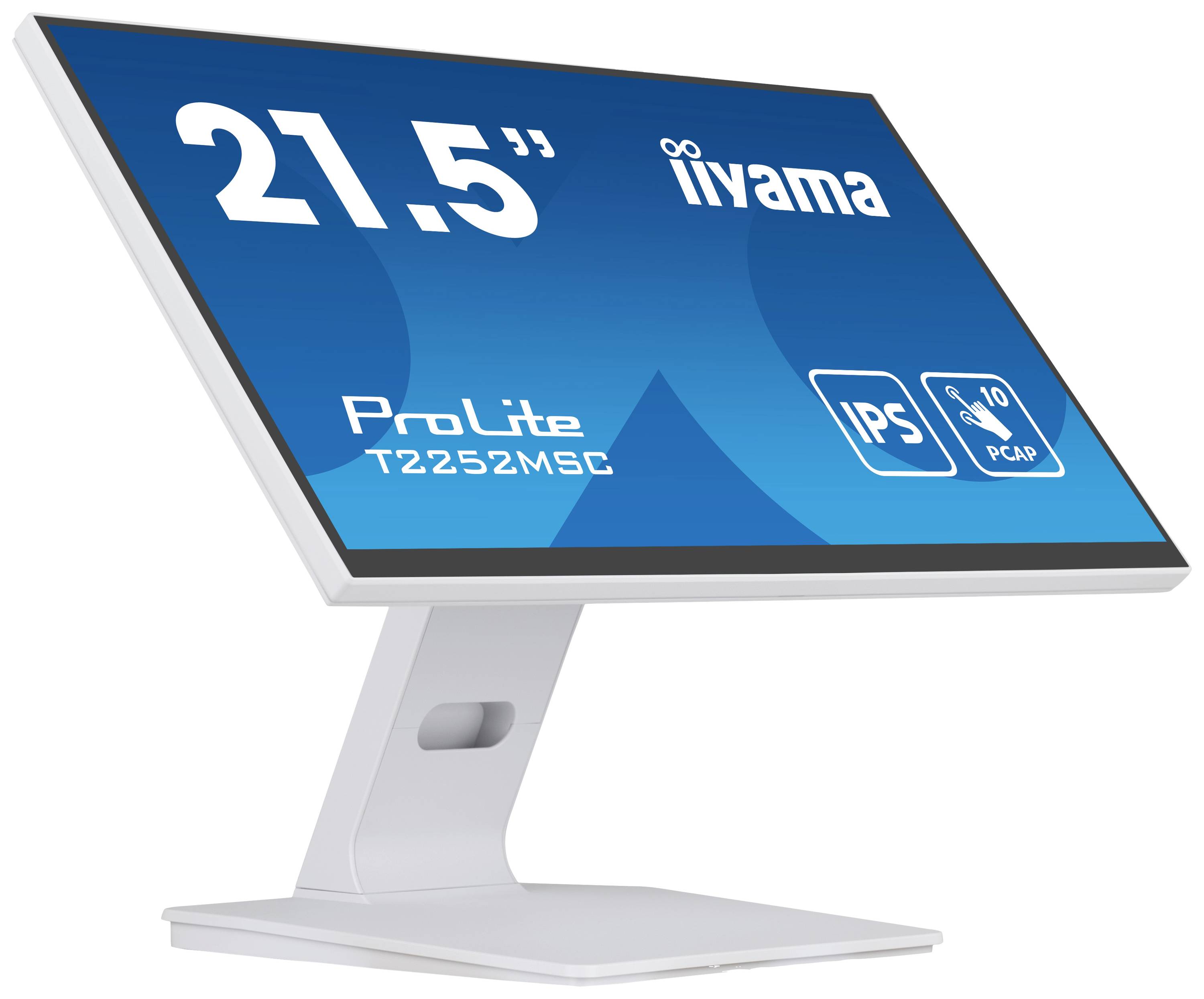 Płaski biały monitor o przekątnej ekranu 21,5 cala, marki 'iiyama', model 'ProLite T2252MSC', wyposażony w technologię IPS oraz ekran dotykowy pojemnościowy.