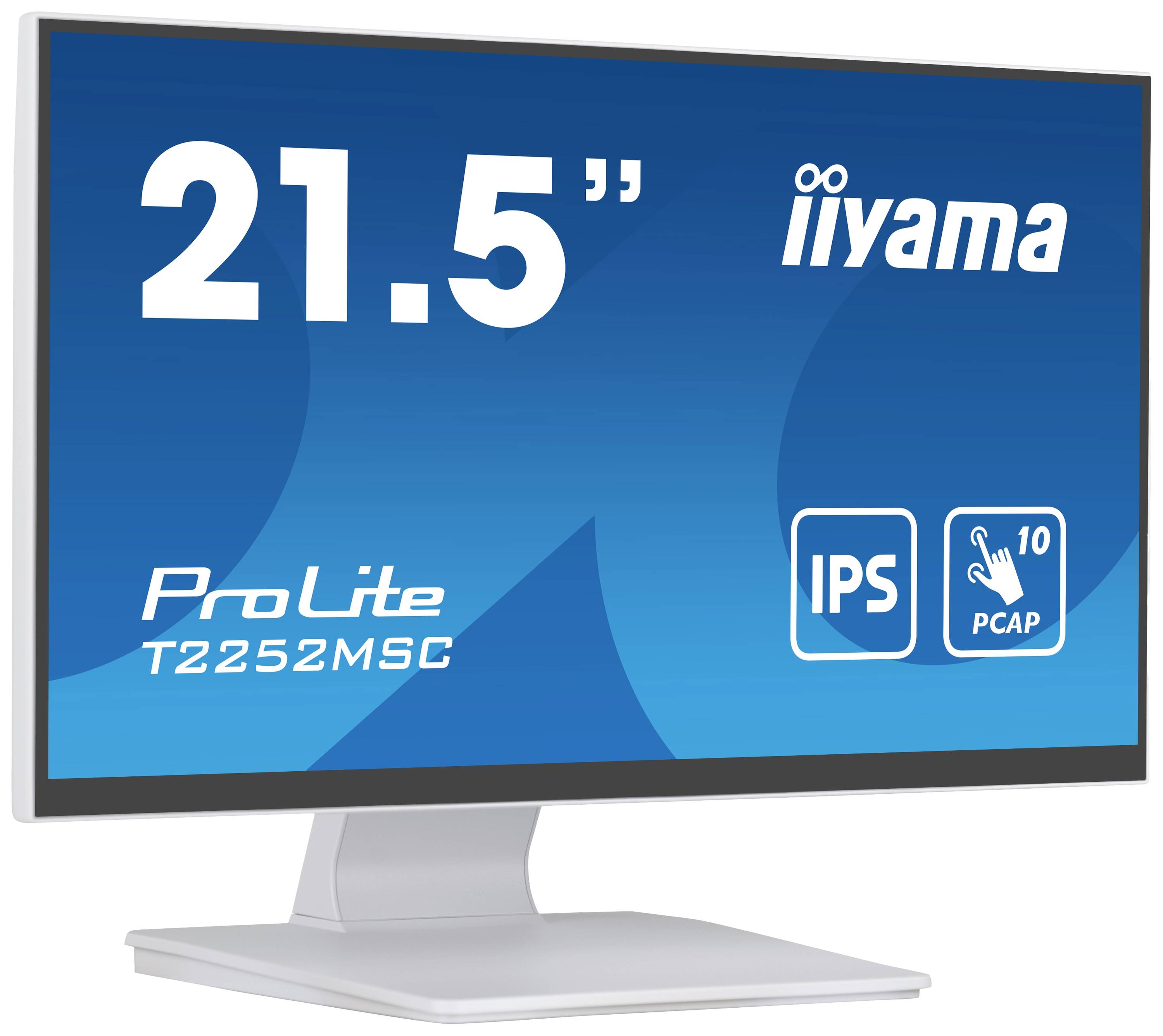 21,5-calowy monitor firmy iiyama, model ProLite T2252MSC, z ekranem IPS i funkcją dotykową. Tło w kolorze niebieskim.