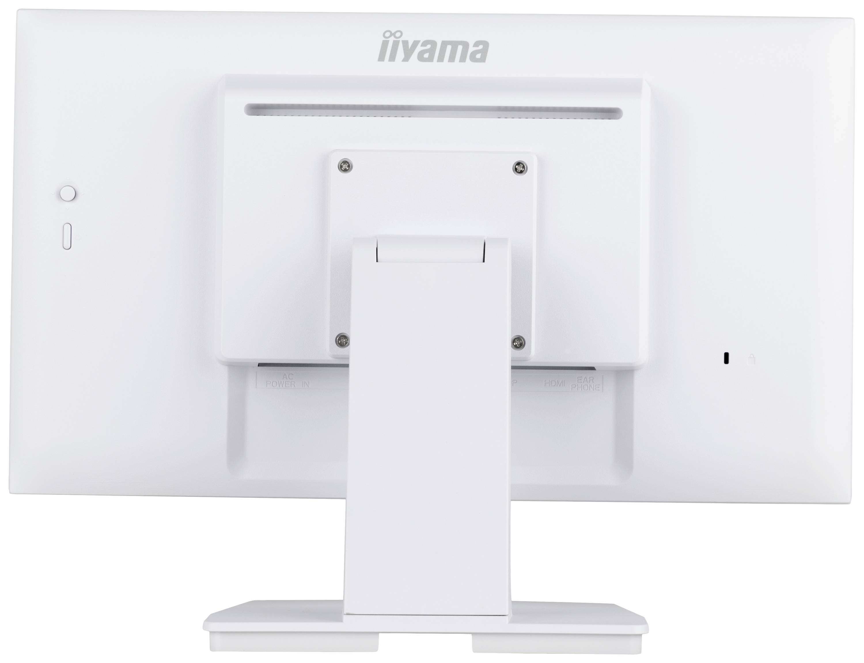 Biały monitor widziany od tyłu, zamocowany na podstawce. Logo marki 'iiyama' jest widoczne u góry.