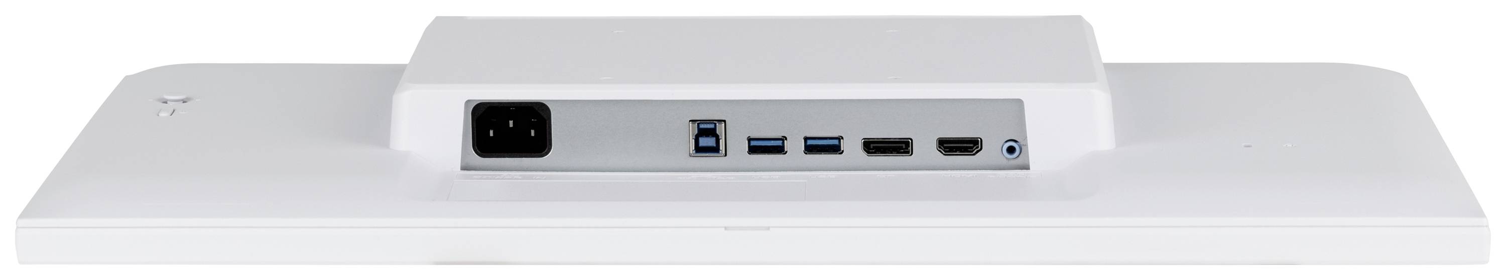 Tylna strona białego monitora z wieloma złączami: zasilanie, dwa porty USB, HDMI oraz gniazdo słuchawek.