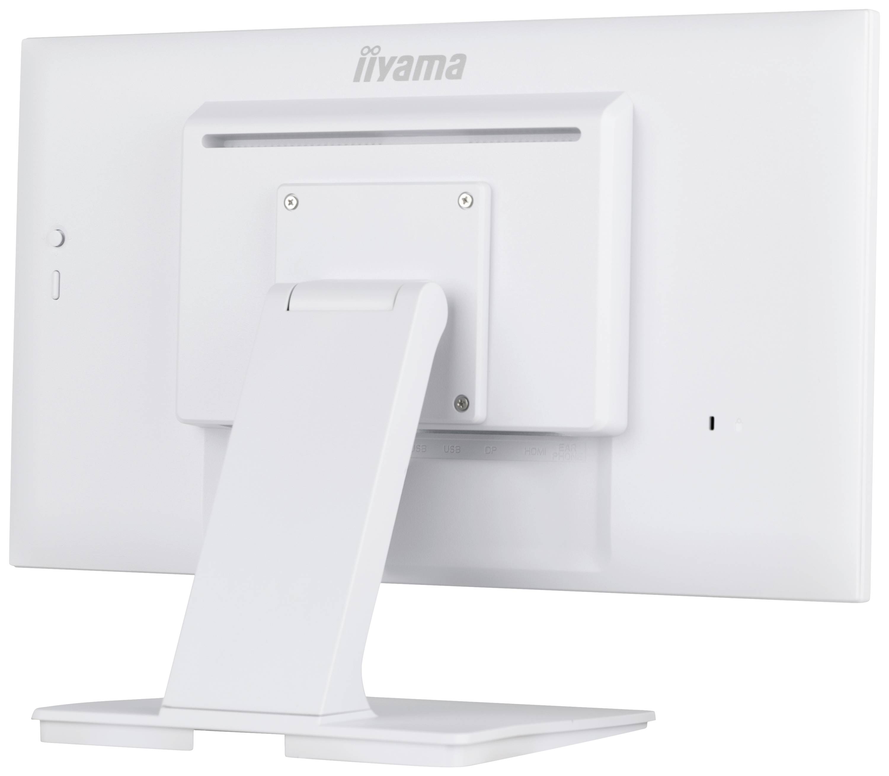 Biały monitor komputerowy widziany od tyłu, zamocowany na podstawce. Na monitorze widoczna jest marka 'iiyama'. Monitor znajduje się w neutralnym otoczeniu.
