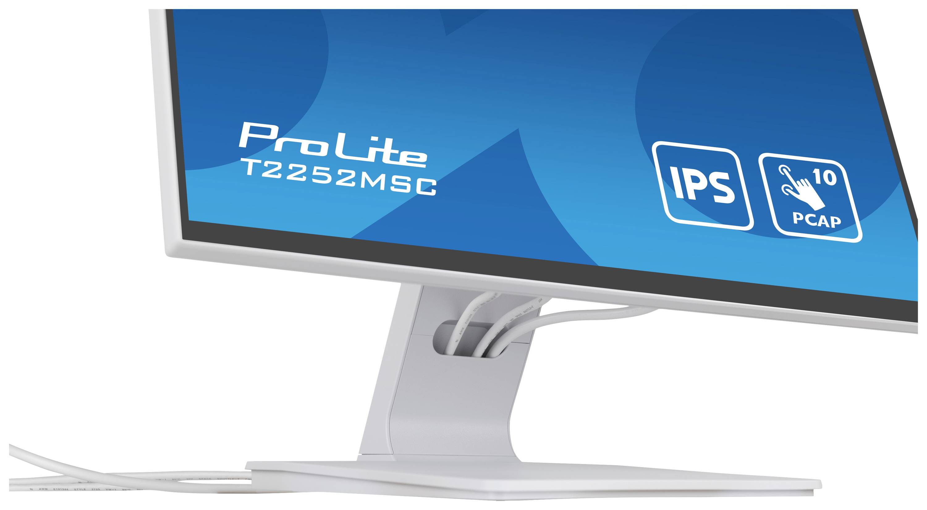 Monitor komputerowy z napisem 'ProLite T2252MSC' wyświetla symbole technologii IPS oraz funkcji wielodotykowej 10-punktowej.