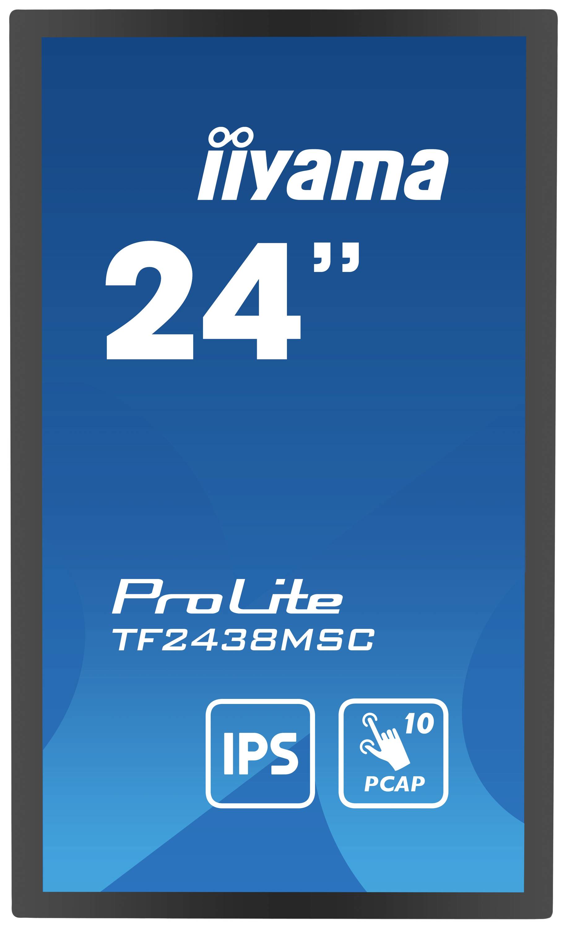 Obraz 24-calowego monitora iiyama ProLite, model TF2438MSC, z technologią IPS i ekranem dotykowym PCAP z 10-punktowym wsparciem dotykowym.