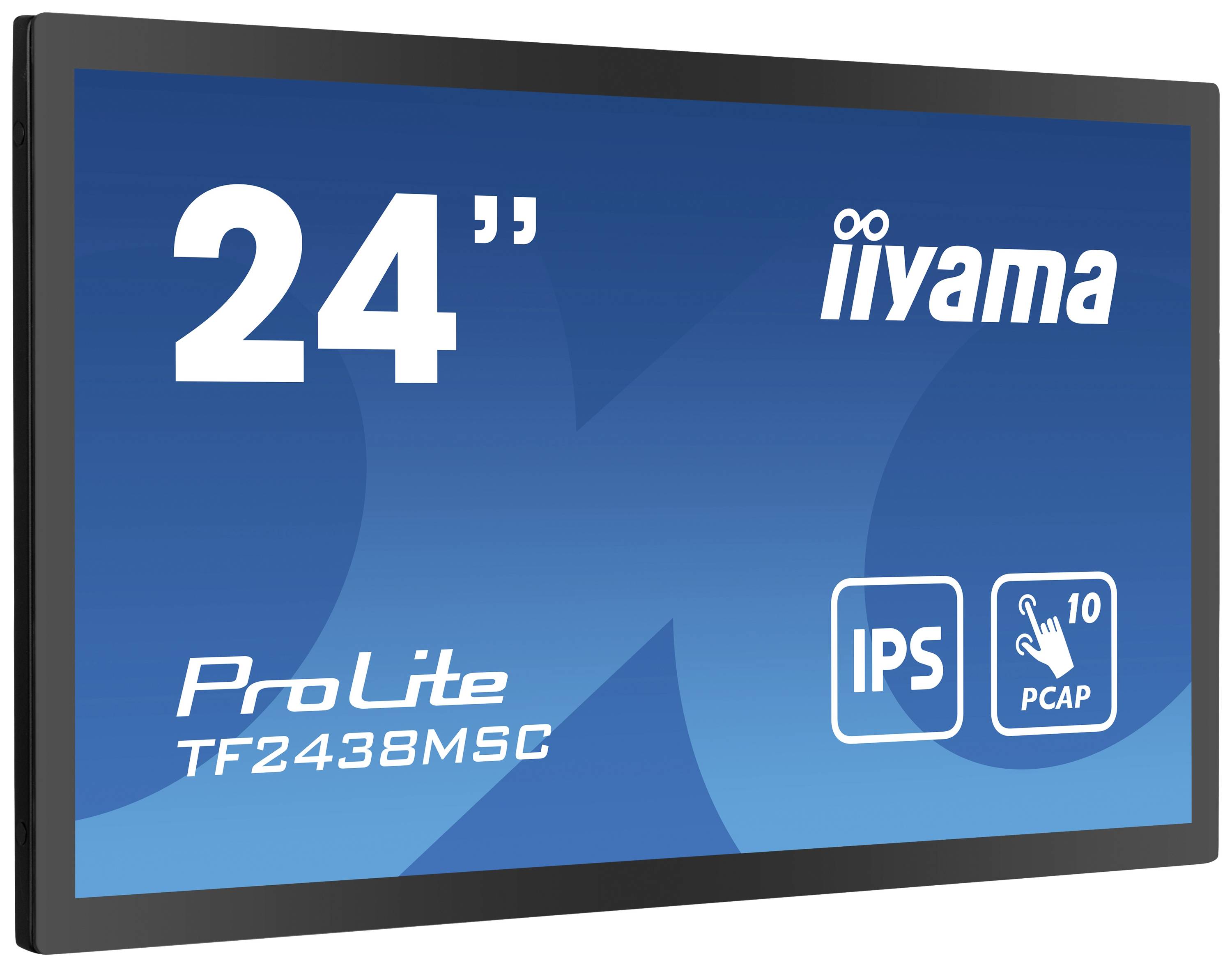 24-calowy monitor dotykowy z wyświetlaczem IPS. Model ProLite TF2438MSC firmy iiyama, obsługujący jednoczesne dotyki dziesięciu palców.