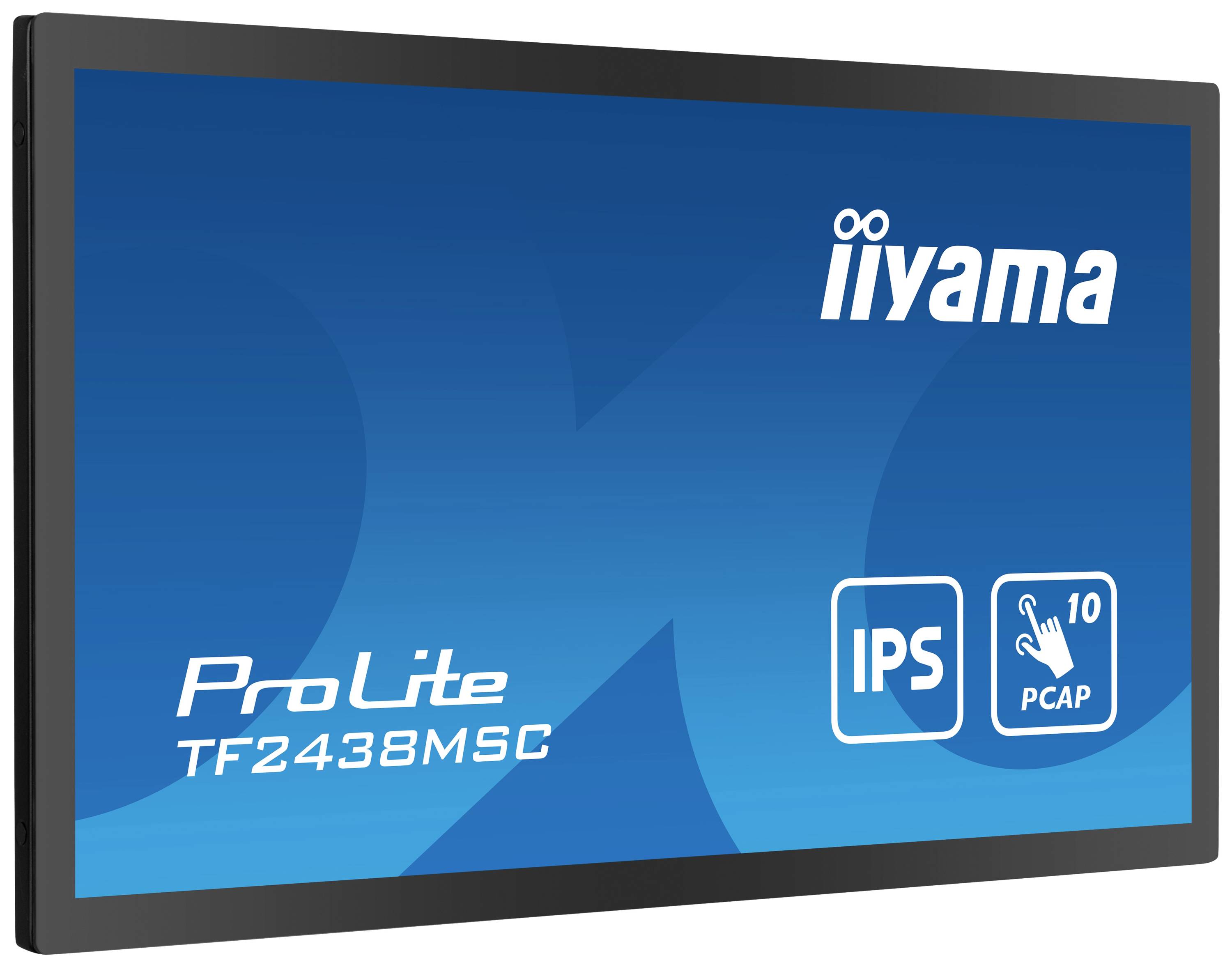 Niebieski ekran prezentuje monitor 'iiyama ProLite TF2438MSC' z technologią IPS oraz funkcją dotykową 10-punktowego ekranu pojemnościowego PCAP.