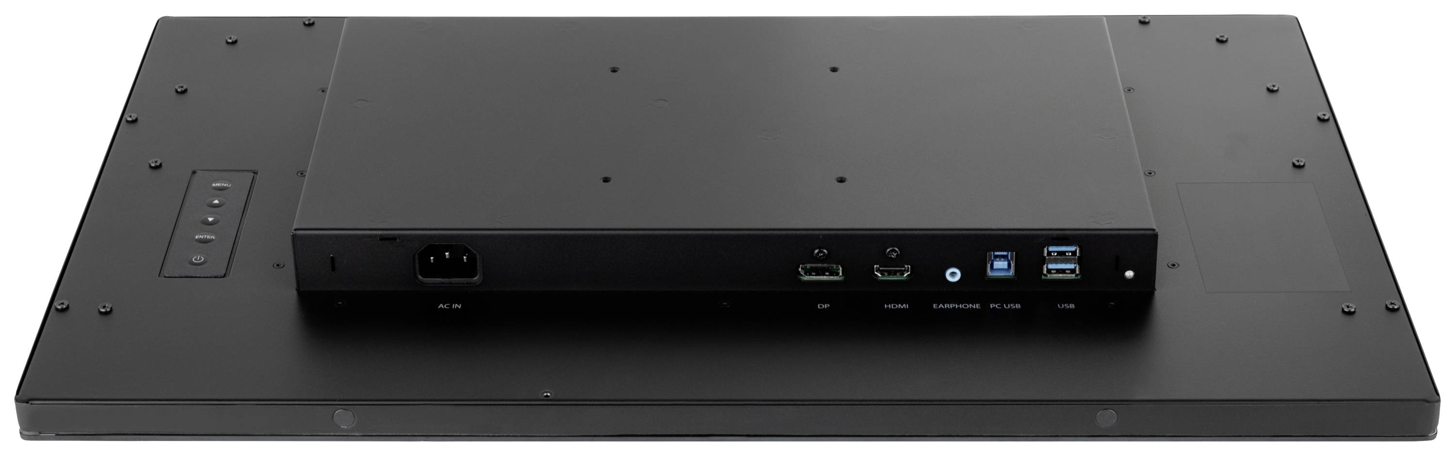 Widok z tyłu czarnego monitora z wieloma złączami, w tym HDMI, DisplayPort oraz portami USB.