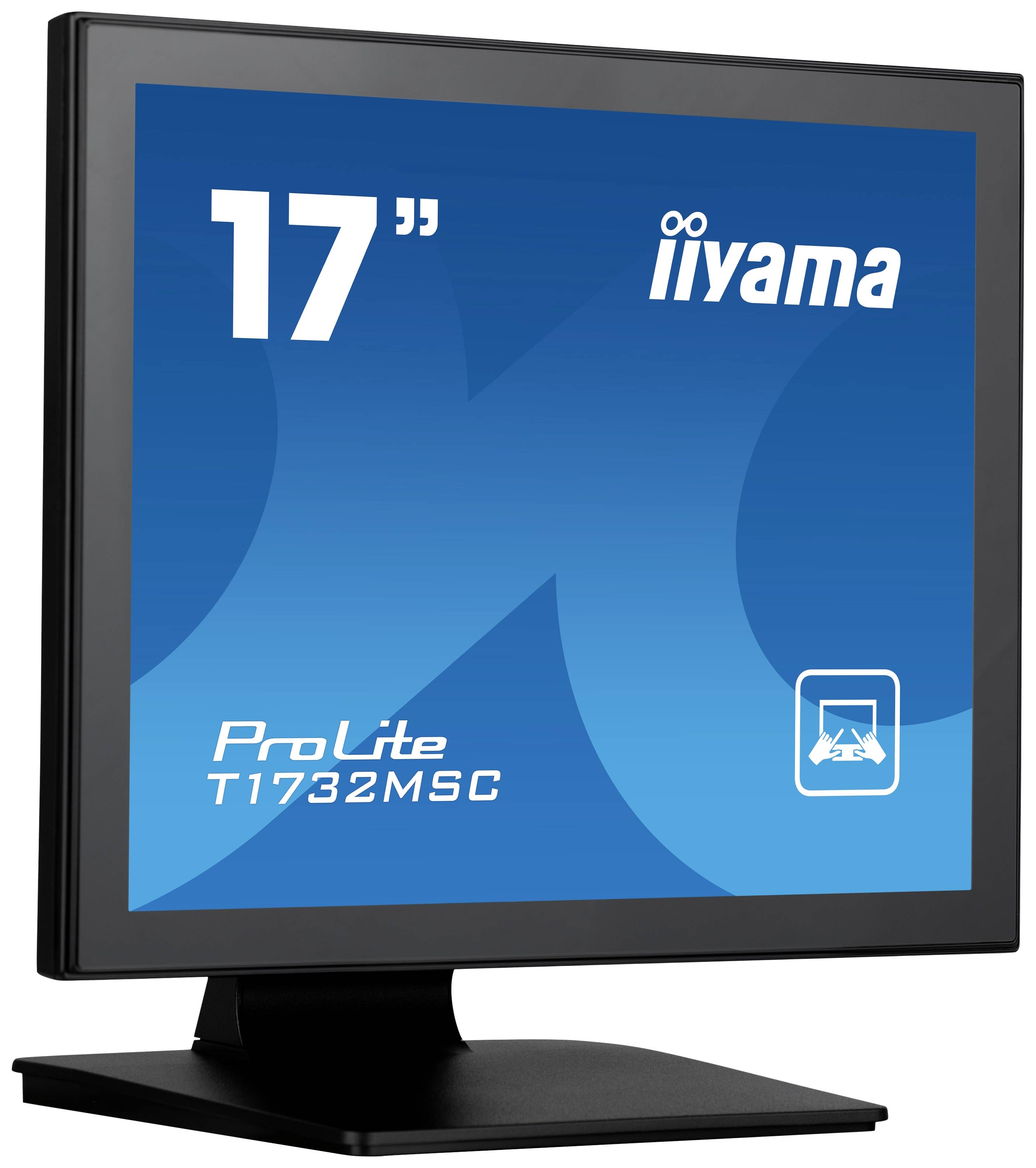 17-calowy monitor marki Iiyama, model ProLite T1732MSC, z niebieskim ekranem i czarną ramką.