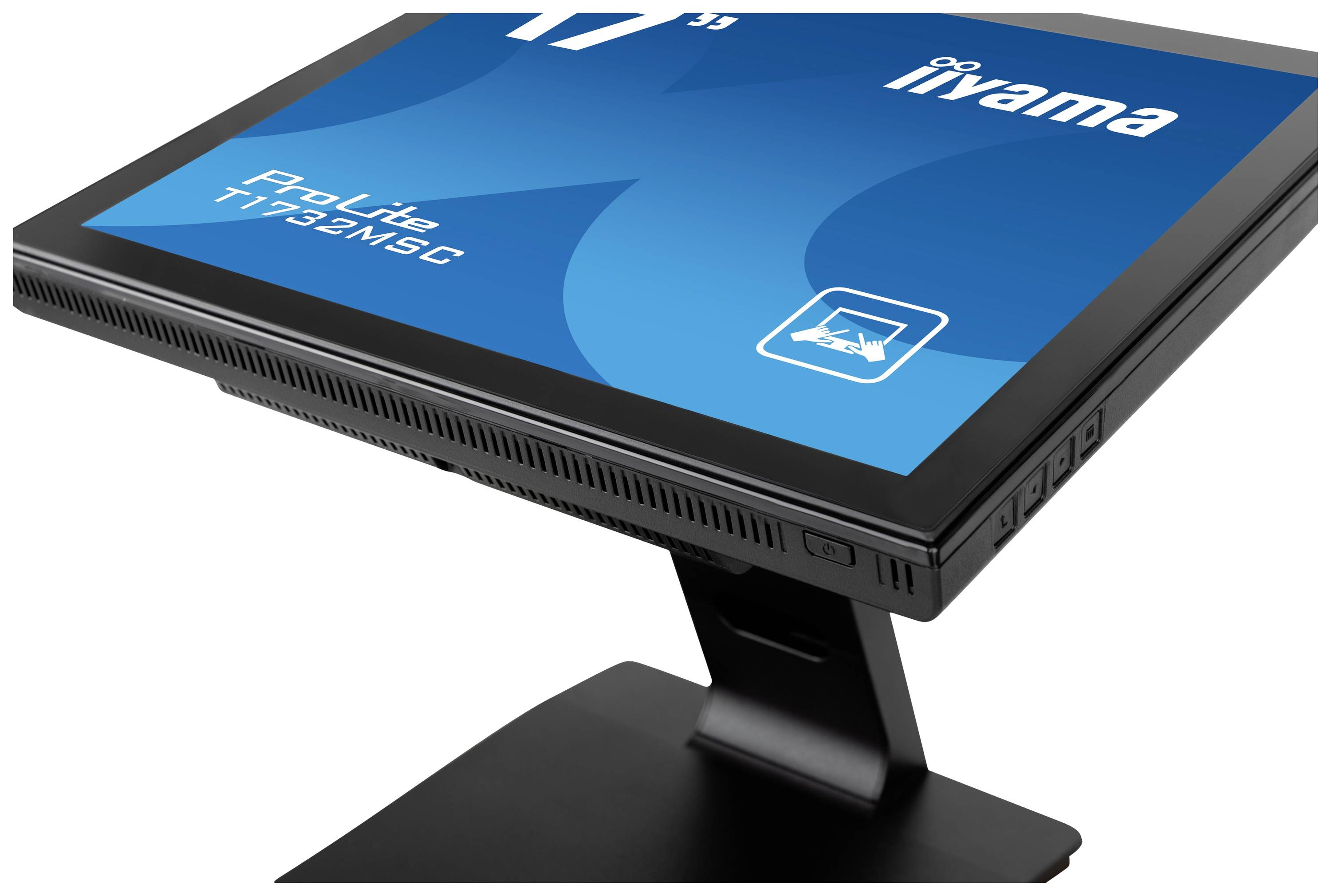 Monitor dotykowy iiyama ProLite T1732MSC o przekątnej 17 cali, zamontowany na czarnym stojaku, widziany z boku.