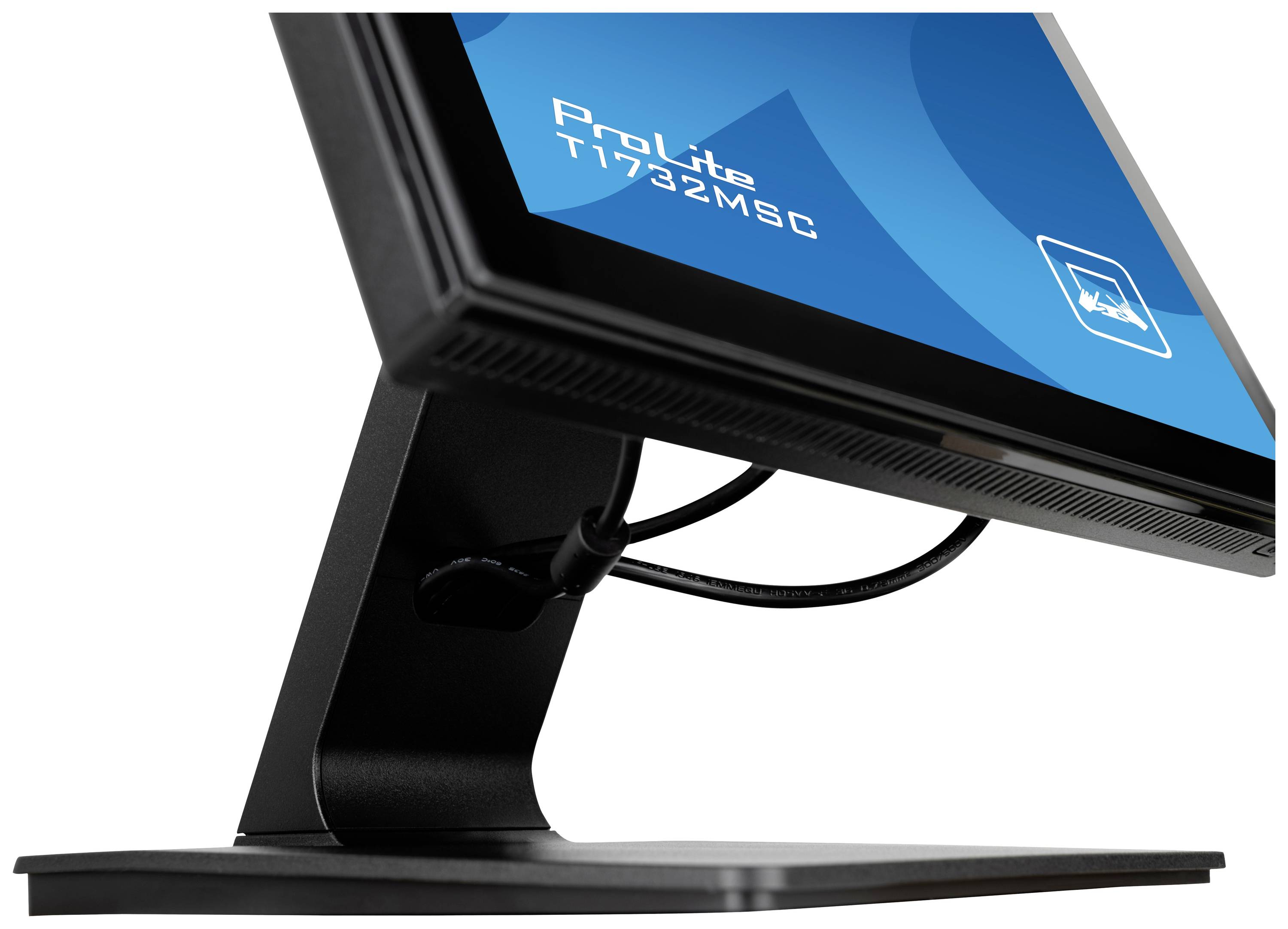 Czarny monitor komputerowy na podstawce z napisem 'ProLite T1732MSC' na ekranie.