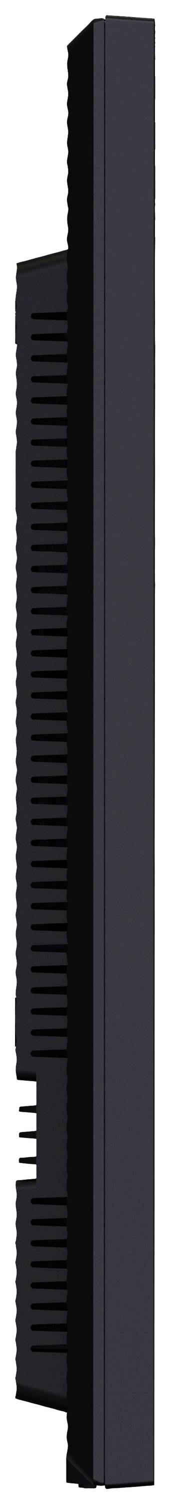 Widok z boku czarnego płaskiego ekranu, który można zamontować na ścianie. Cienki profil z otworami wentylacyjnymi.