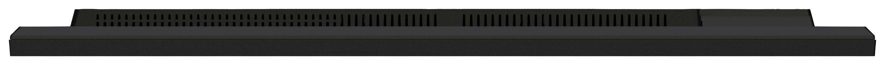 Czarny, prostokątny głośnik z otworami wentylacyjnymi, ułożony poziomo.