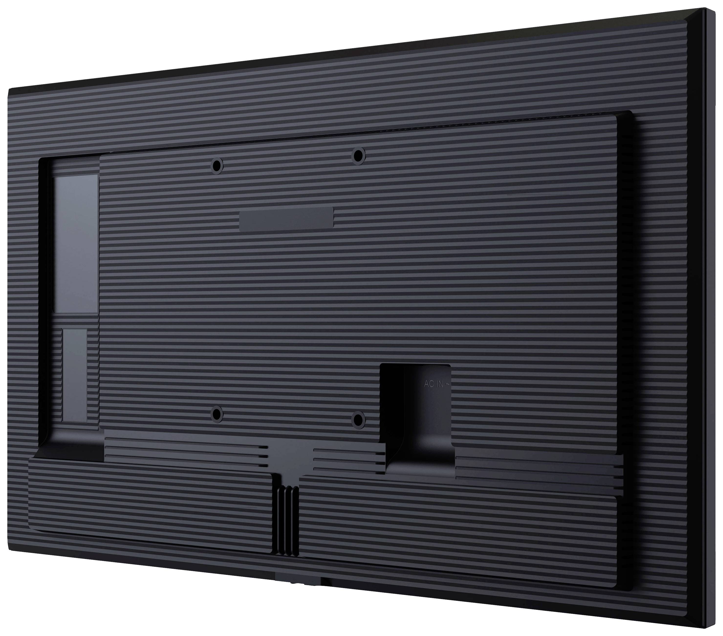 Widok z tyłu czarnego płaskiego ekranu o teksturowanej powierzchni z punktami mocowania w narożnikach i w centrum.