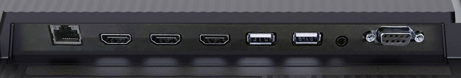 Tylna część monitora z następującymi złączami: Ethernet, trzy porty HDMI, dwa porty USB, gniazdo słuchawkowe oraz złącze VGA.