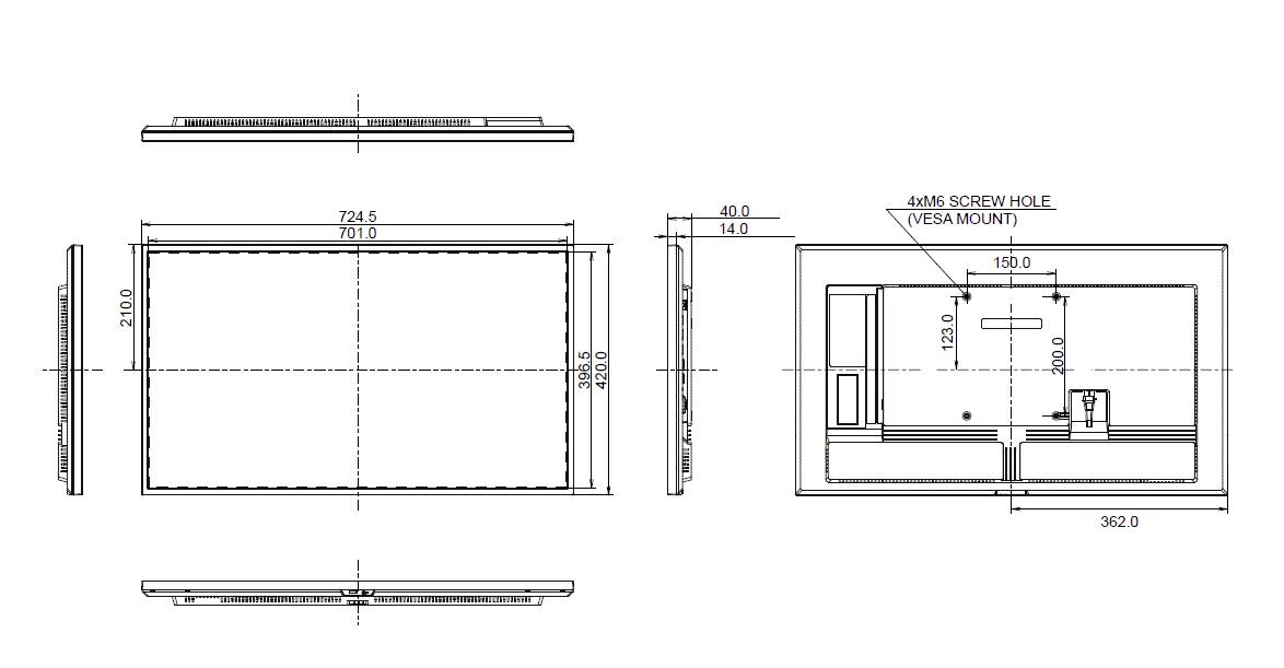 Rysunek techniczny prostokątnego obiektu z widokiem z przodu i z boku. Podane są wymiary, w tym otwory na śruby do mocowania zgodnie ze standardem VESA.