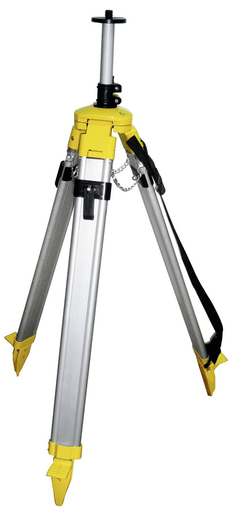 Żółty statyw geodezyjny z teleskopowymi nogami wykonanymi z aluminium. Posiada czarny uchwyt na górze i jest stabilizowany za pomocą łańcuchów.