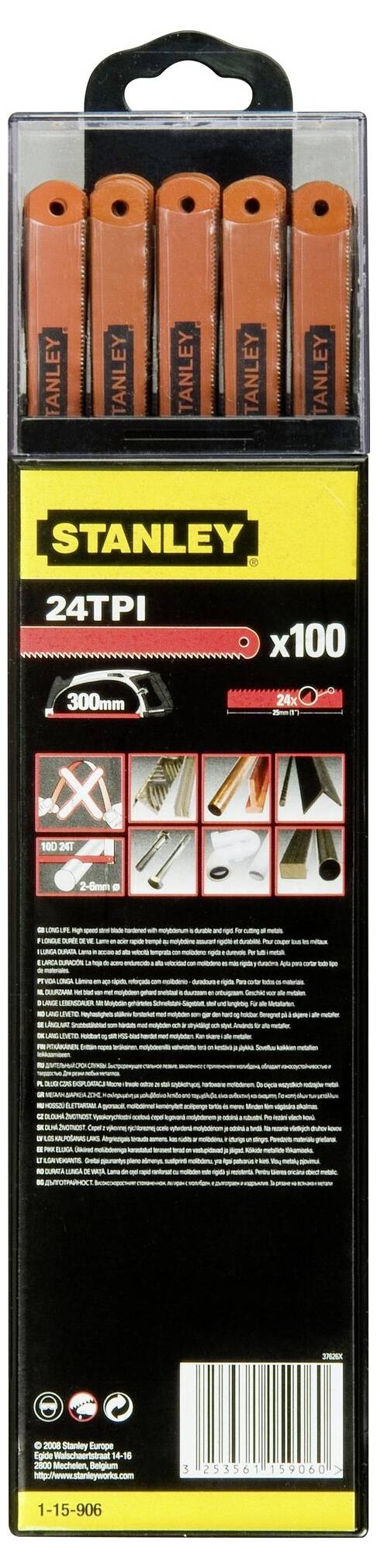 Opakowanie 100 brzeszczotów Stanley, 24 TPI, przedstawiające zastosowanie do różnych materiałów z ilustracjami w odcieniach czerwieni i czerni.