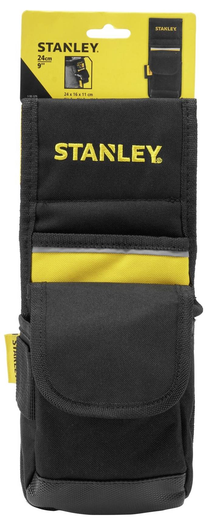 Czarna torba narzędziowa Stanley z żółtym logo, odpowiednia do przechowywania różnych narzędzi.