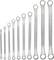 Zestaw dziewięciu dwustronnych kluczy nastawnych, ułożonych od najmniejszego do największego, wykonanych z srebrnego metalu.