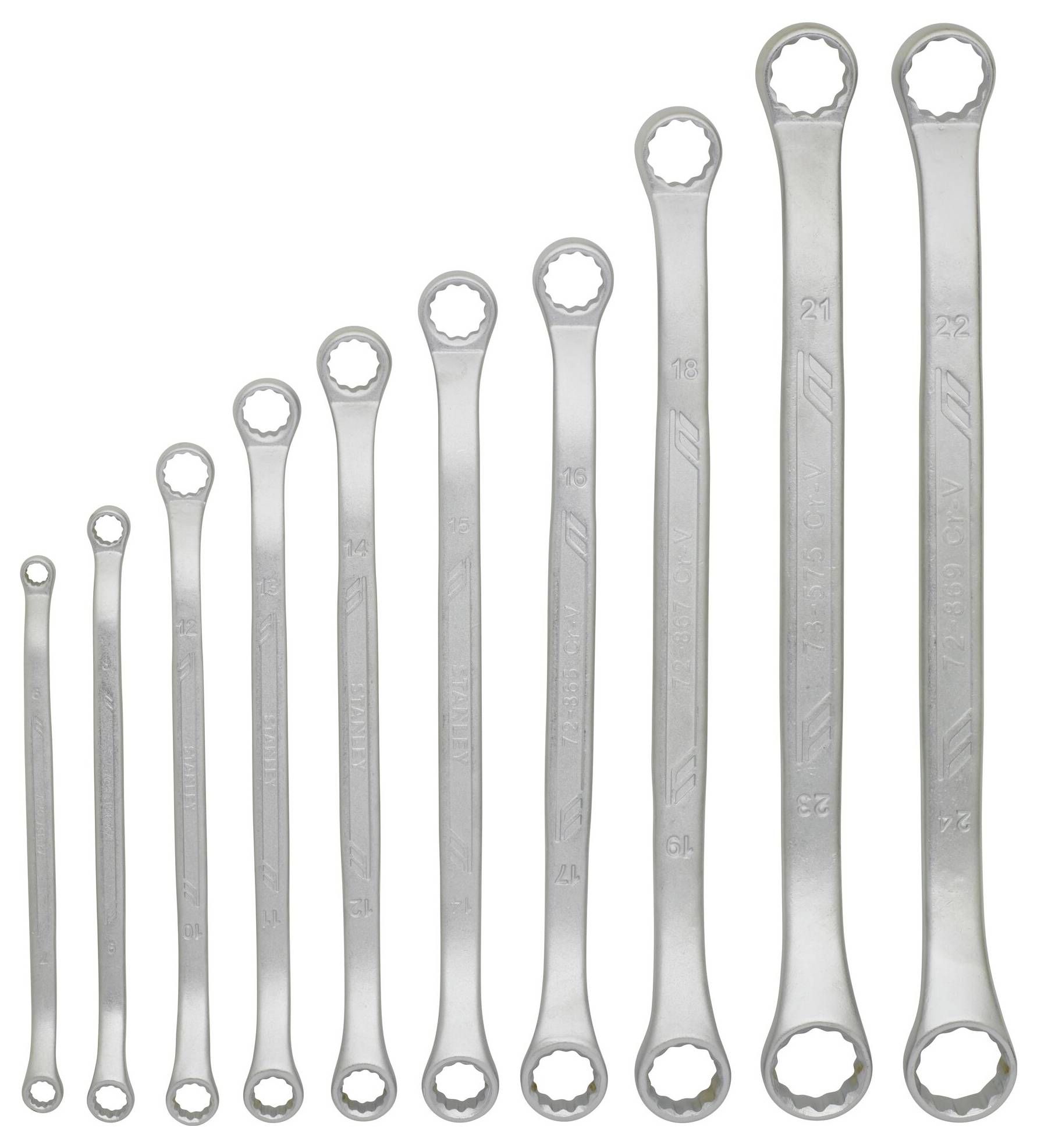 Seria dziesięciu kluczy pierścieniowych o wzrastającej wielkości, ułożonych od najmniejszego do największego.