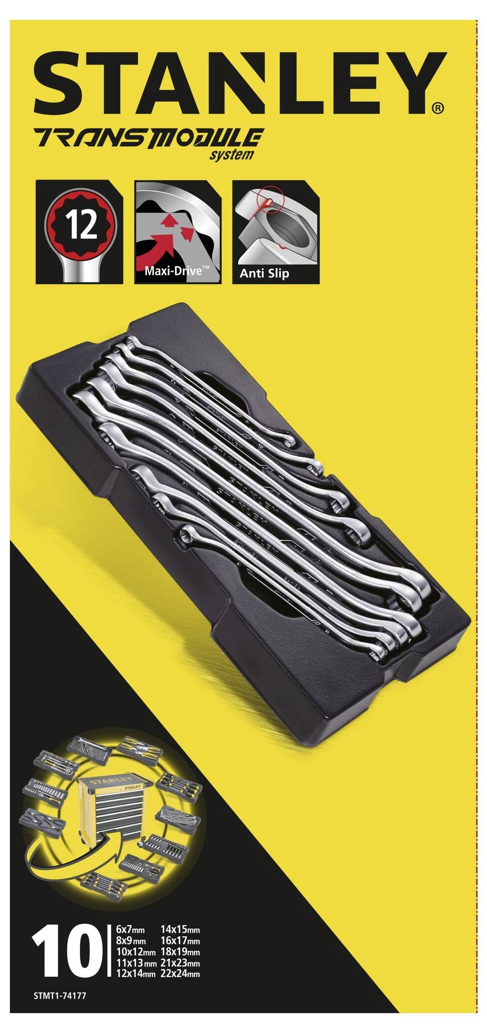 Zestaw 10 kluczy płaskich Stanley w pudełku, różne rozmiary, system Maxi-Drive, antypoślizgowe, odpowiednie do śrub.
