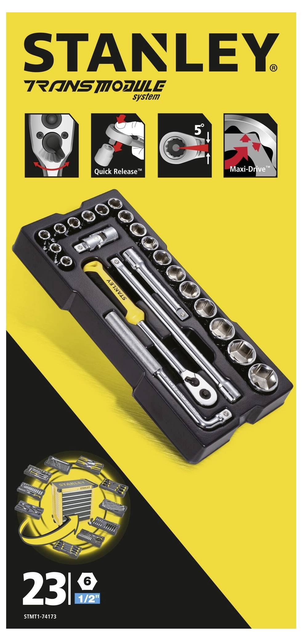 Zestaw narzędzi Stanley, 23-częściowy: Grzechotki, klucze nasadowe i akcesoria w kompaktowej, żółtej walizce, z funkcją szybkiego mocowania.