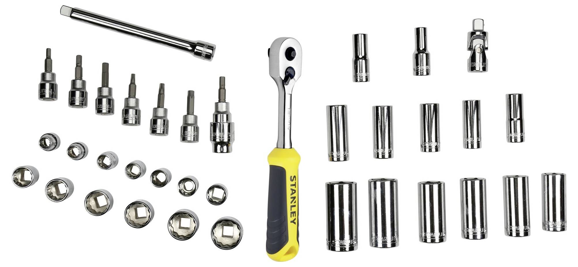 'Zestaw kluczy nasadowych z grzechotką i różnymi nasadkami, odpowiedni do różnych rozmiarów śrub.'