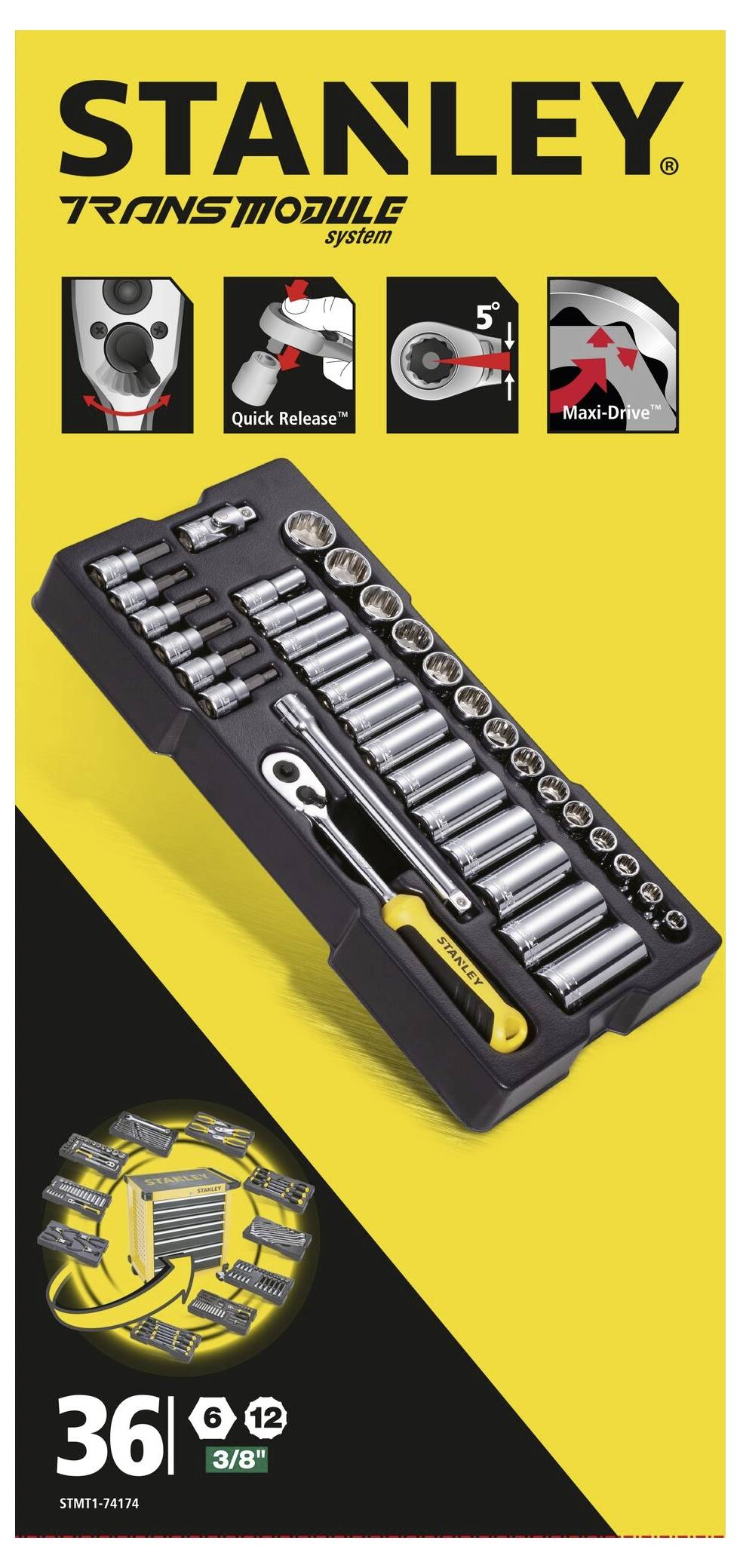 Zestaw kluczy nasadowych STANLEY Transmodule System z 36 elementami, z funkcją szybkiego zwalniania, technologią Maxi-Drive, rozmiar: 3/8 cala.