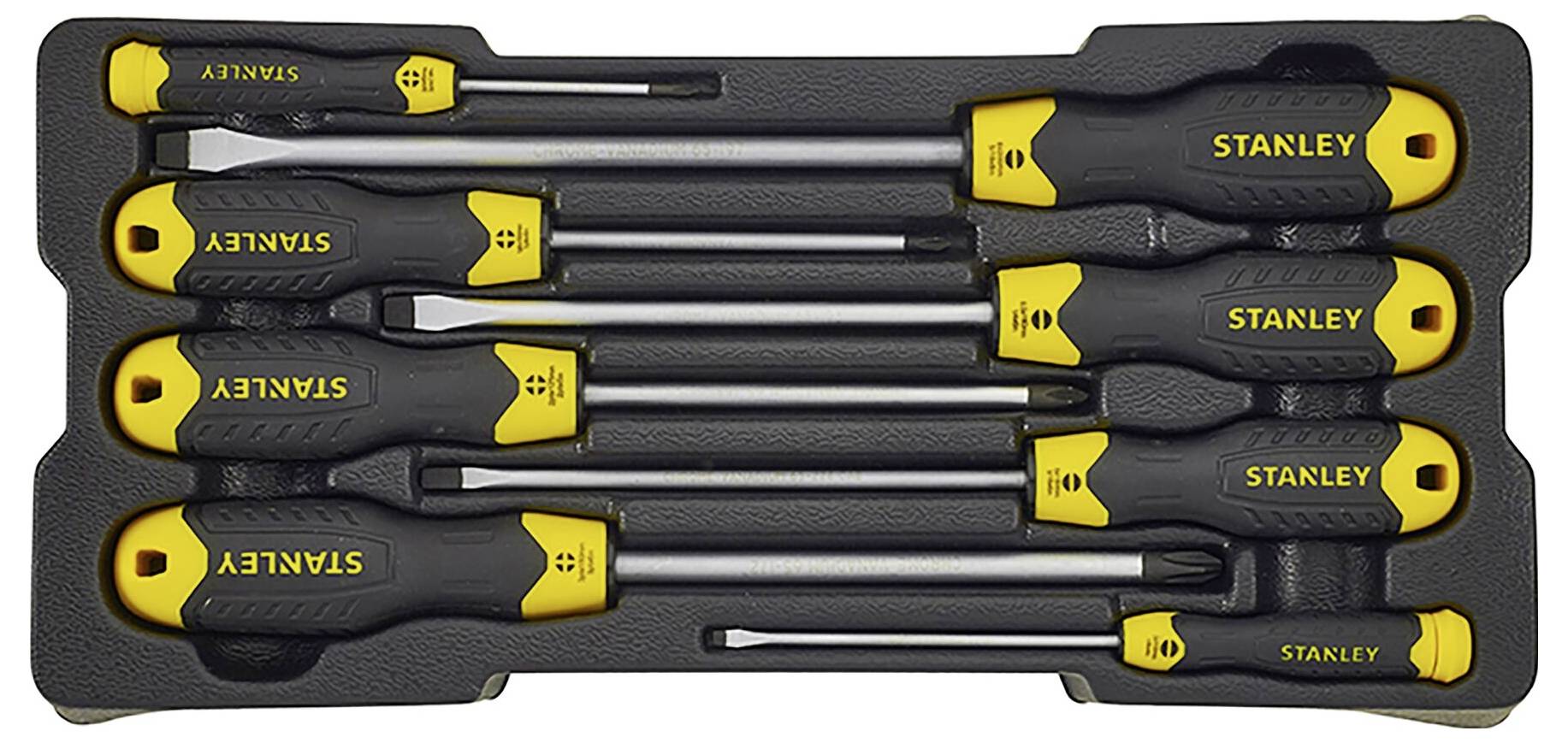Zestaw sześciu wkrętaków w czarnym pojemniku z tworzywa sztucznego, każdy z czarnymi uchwytami i żółtymi końcówkami, z logo 'Stanley'.