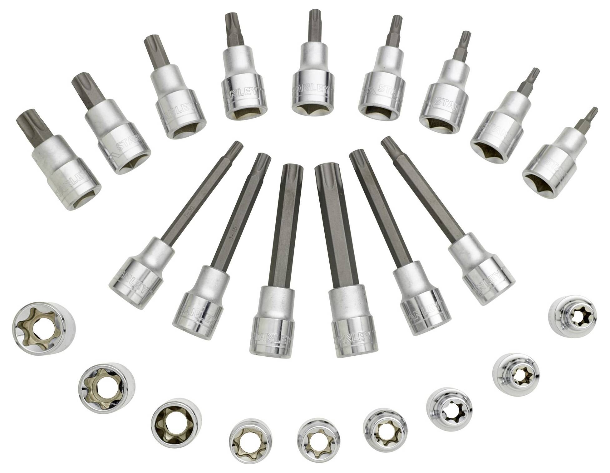 Zestaw 18 nasadek w różnych rozmiarach, w tym bitów imbusowych i torx, ułożonych na białym tle.