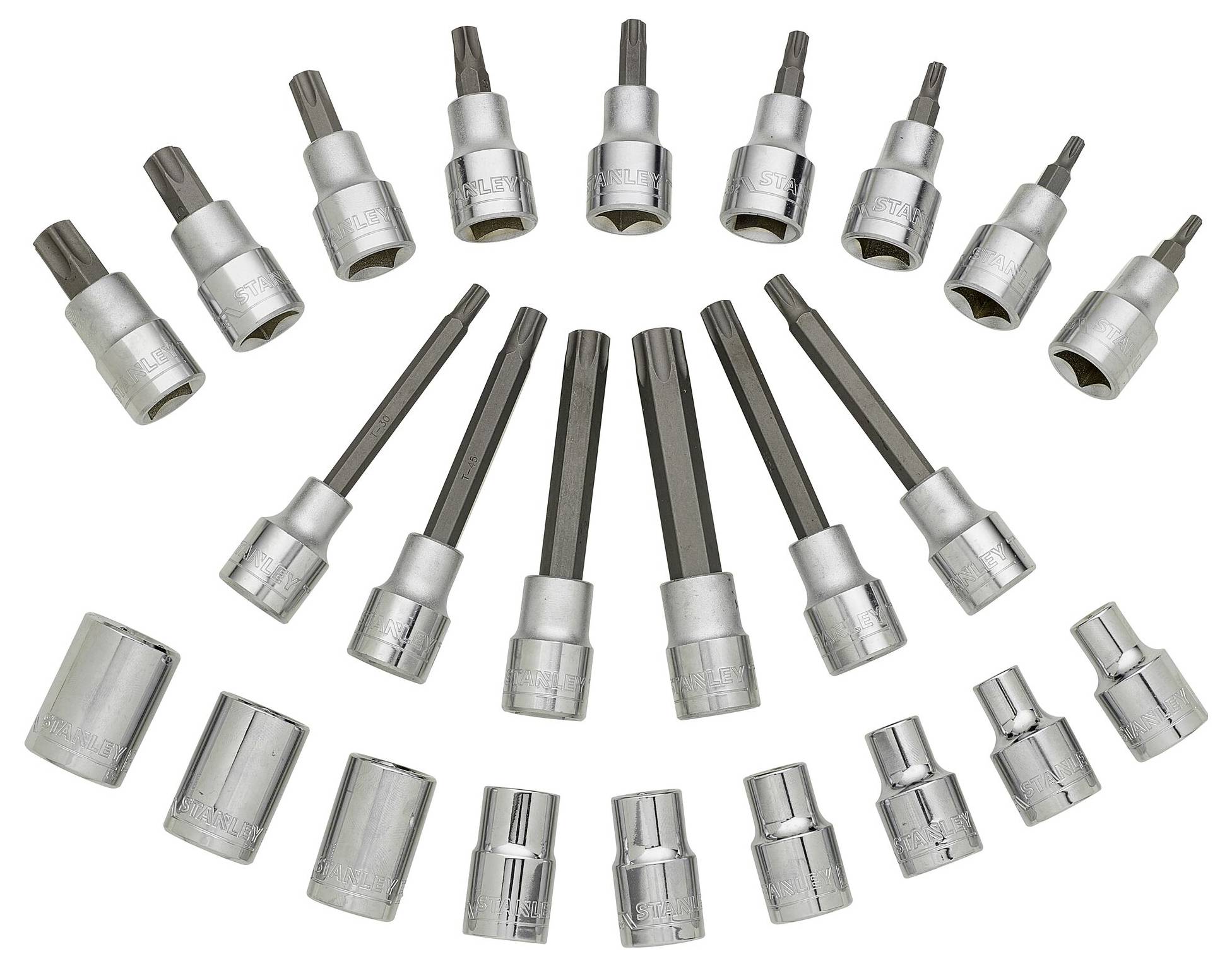 Zestaw 23 nasadek i grotów wkrętakowych, starannie ułożonych w półkolu, na białym tle.
