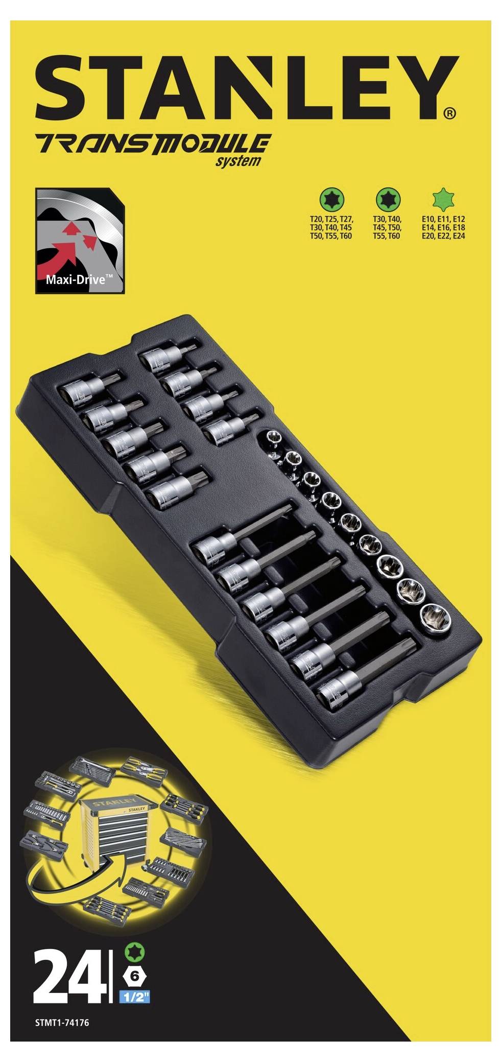 Zestaw kluczy nasadowych 'STANLEY Transmodule System' składający się z 24 elementów, przedstawiony na żółtym tle. Logo marki w lewym górnym rogu.