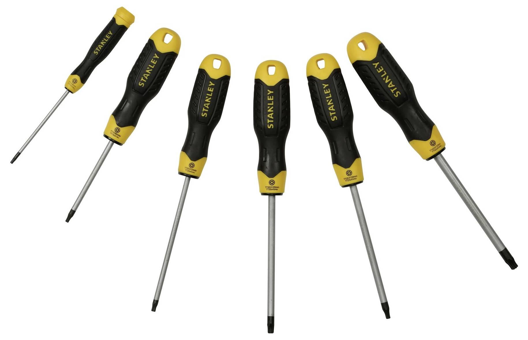 Sześć wkrętaków z czarnymi uchwytami i żółtymi końcówkami w różnych rozmiarach, ułożonych na białym tle.