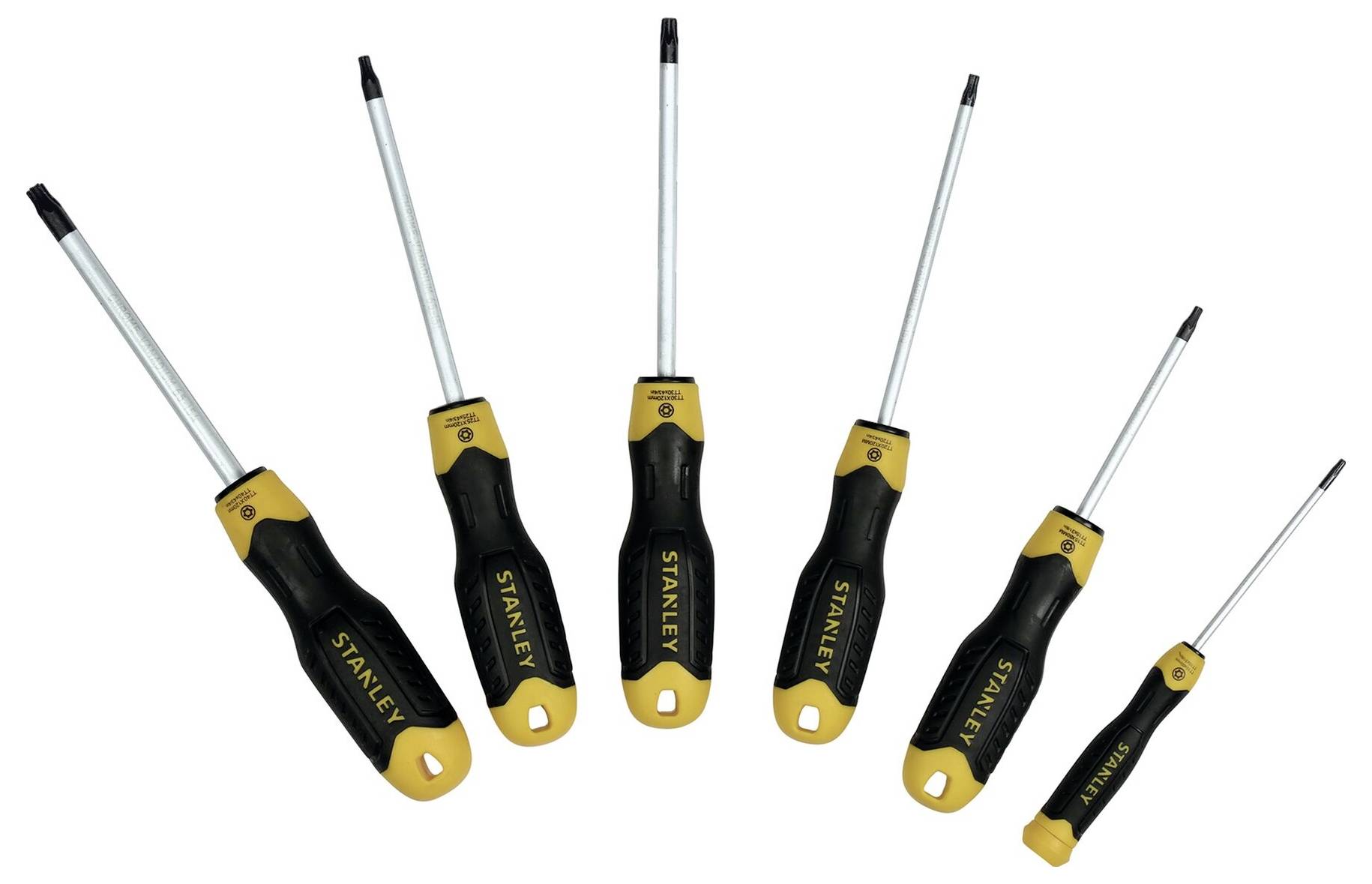 Sześć wkrętaków z żółto-czarnymi uchwytami, ułożonych w rzędzie. Różne rozmiary, odpowiednie do różnych rodzajów śrub.