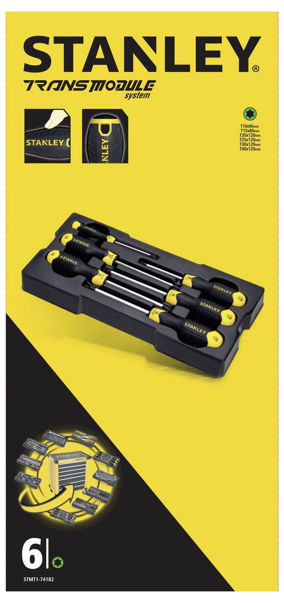 Opakowanie na zestaw wkrętaków Stanley. Zawiera sześć wkrętaków w pudełku. Czarno-żółta kolorystyka.