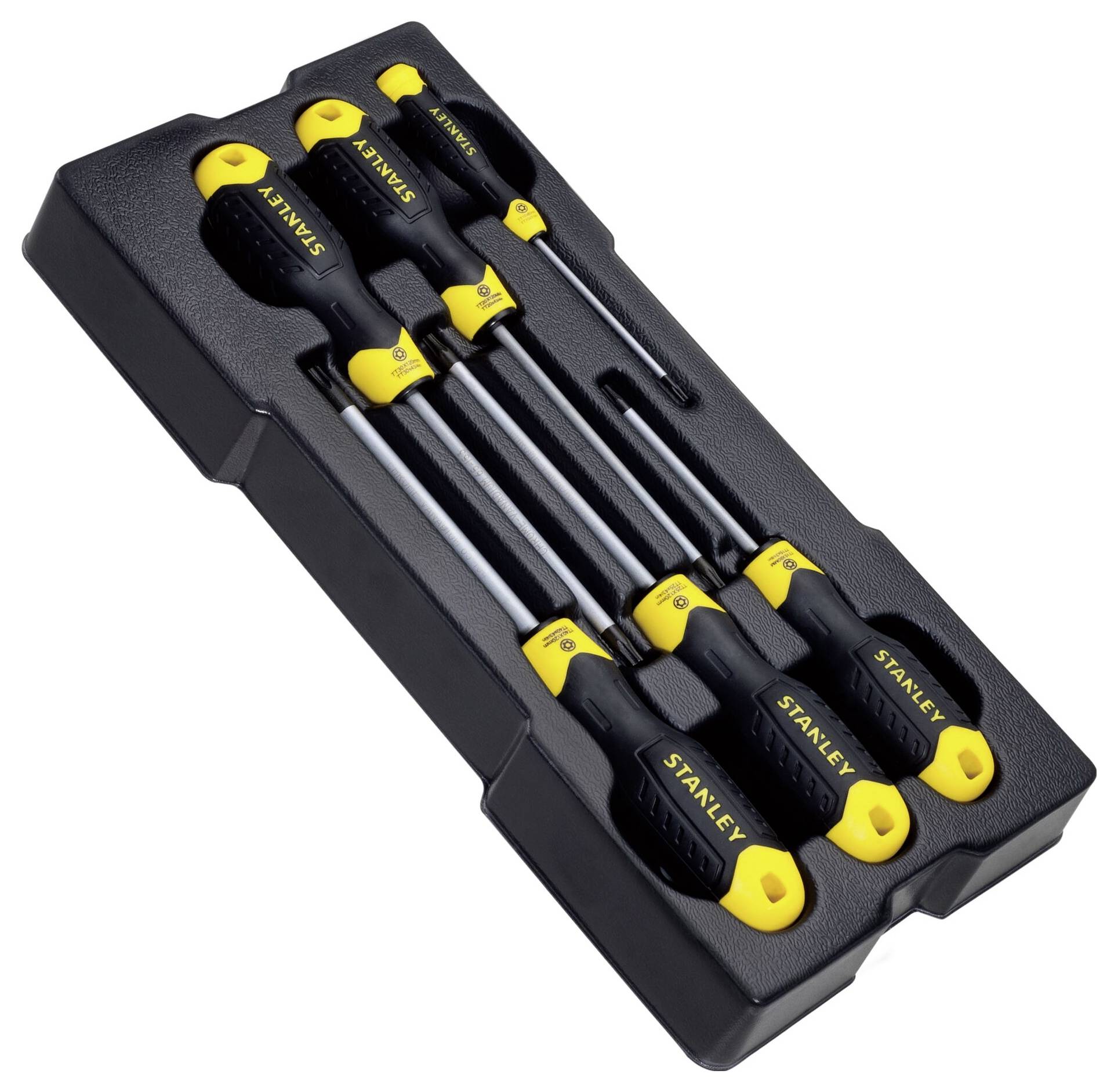 Zestaw wkrętaków z uchwytami w kolorze żółto-czarnym, przechowywany w czarnym opakowaniu z tworzywa sztucznego, idealny do bezpiecznego przechowywania.