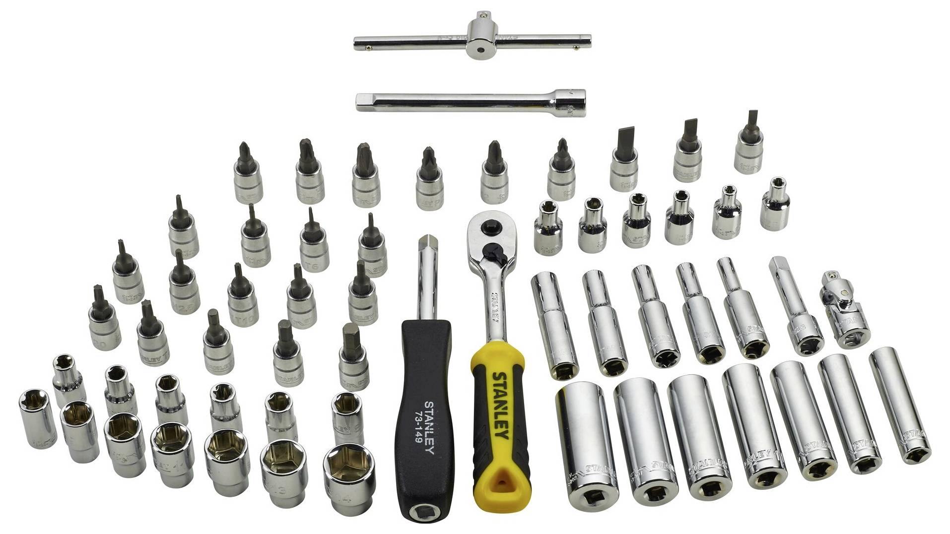 Zestaw różnych kluczy i bitów, składający się z dwóch przedłużek, różnych nasadek i kluczy z mechanizmem zapadkowym.