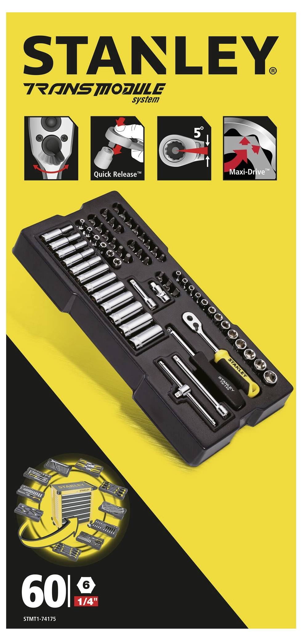 'Zestaw narzędzi Stanley Transmodule: Grzechotki, klucze nasadowe i bity. Zawiera 60 elementów. Funkcje szybkiego mocowania i Maxi-Drive.'