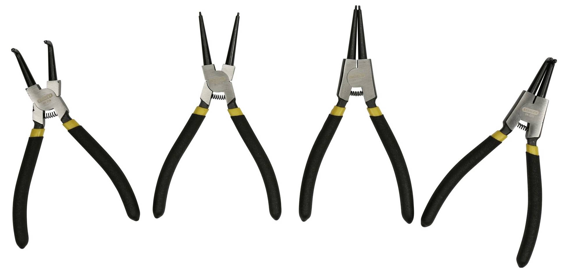 Cztery różne szczypce do pierścieni sprężynowych, każde z czarnymi uchwytami i srebrnymi metalowymi końcówkami, ułożone obok siebie.