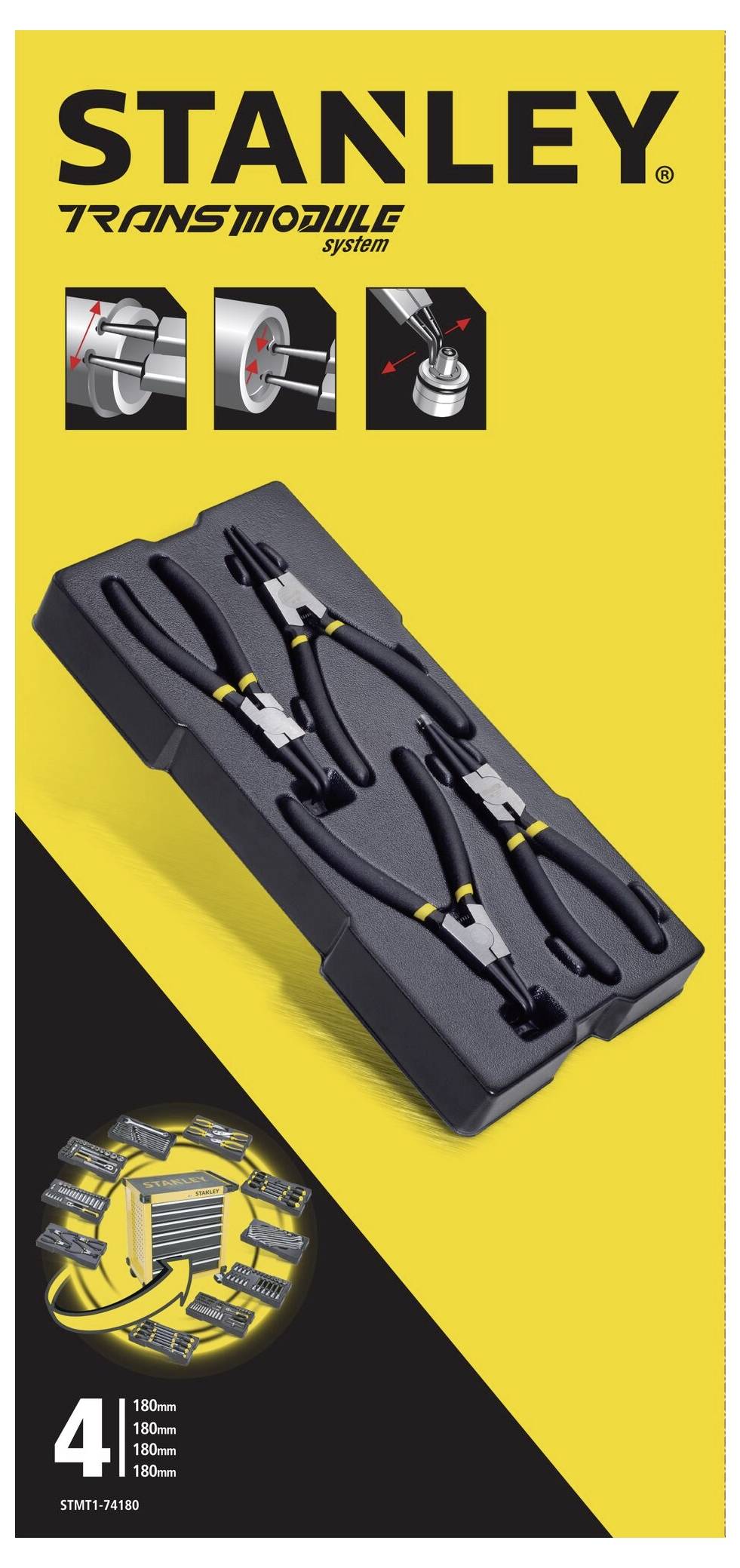 'System STANLEY Transmodule': Opakowanie z czterema zaciskami. Zawiera wkładkę piankową dla bezpiecznego przechowywania. Przedstawione ze szczegółami zastosowania.