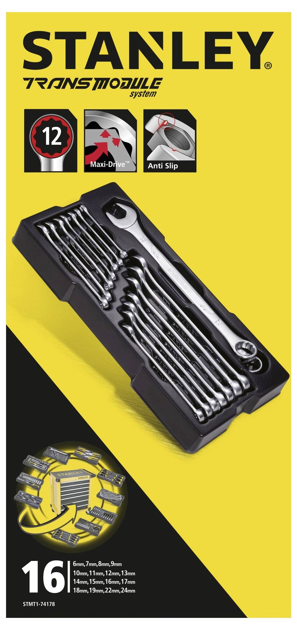 Zestaw narzędzi 'STANLEY' z 16-elementowym zestawem kluczy, antypoślizgowy, z systemem Maxi-Drive. Narzędzia w czarnym etui.